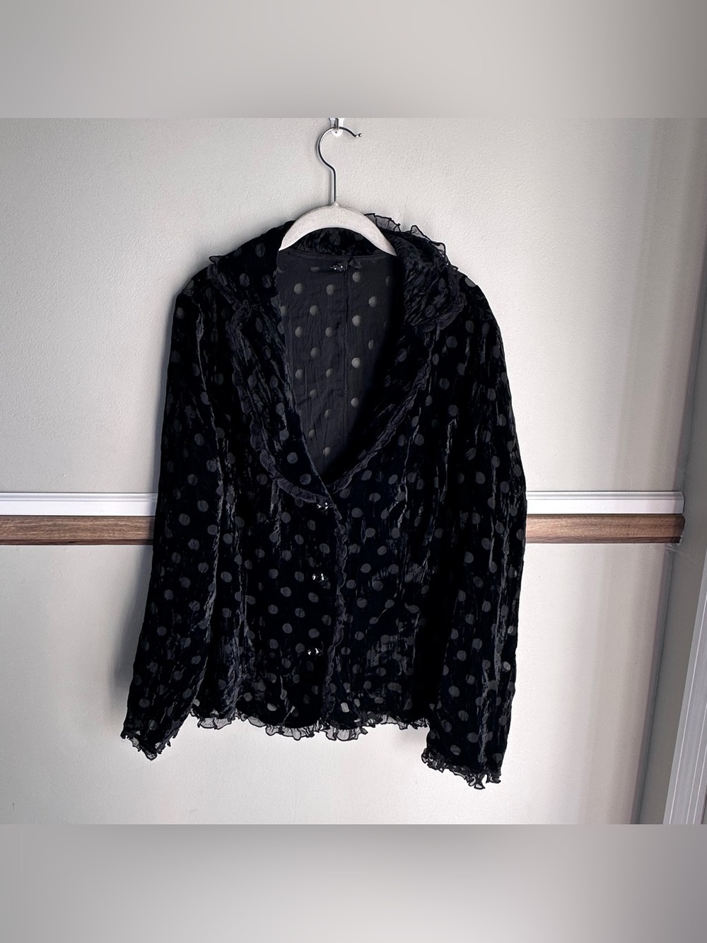 AZI Black Sheer Silk Velour Polka Dot Button Up Jacket